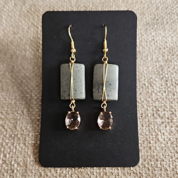 Jewelry - Gold-Tone Green Jasper Drop Earrings with Champagne Crystal Dangles